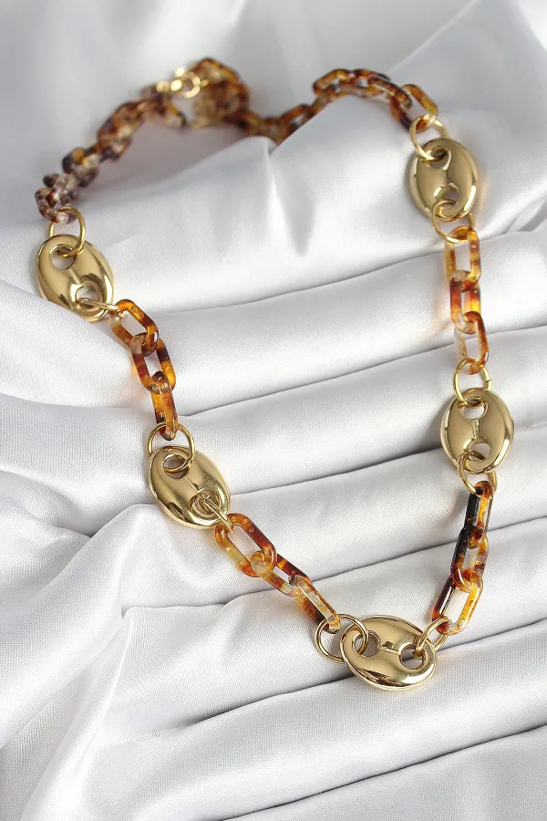 Leopar Desenli Mika Gold Renk Zincir Kadın Kolye