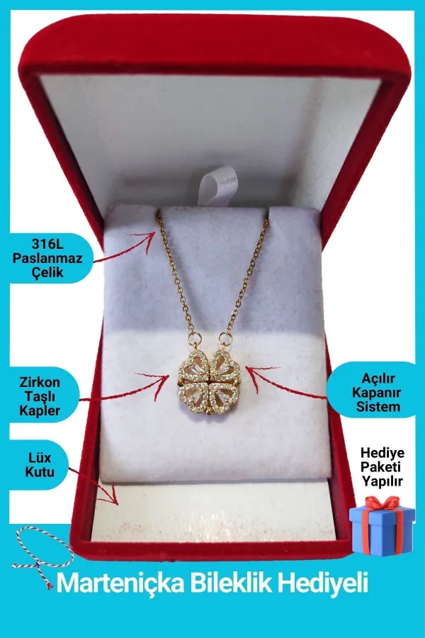 Lüx Kadife Kutuda | 4 Kalpli Yonca Kolye | Mıknatıslı | 316l Çelik - Kararmaz | Hediye Kadın