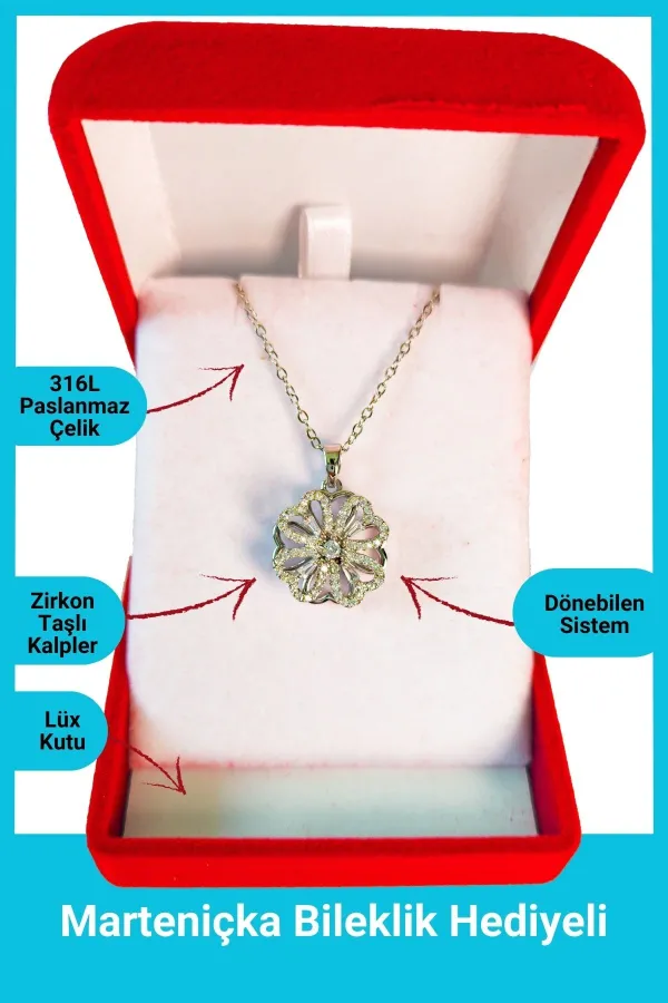Lüx Kadife Kutuda | Dönen Yonca Kolye | Gümüş Renk | 316l Çelik - Kararmaz | Hediye Kadın