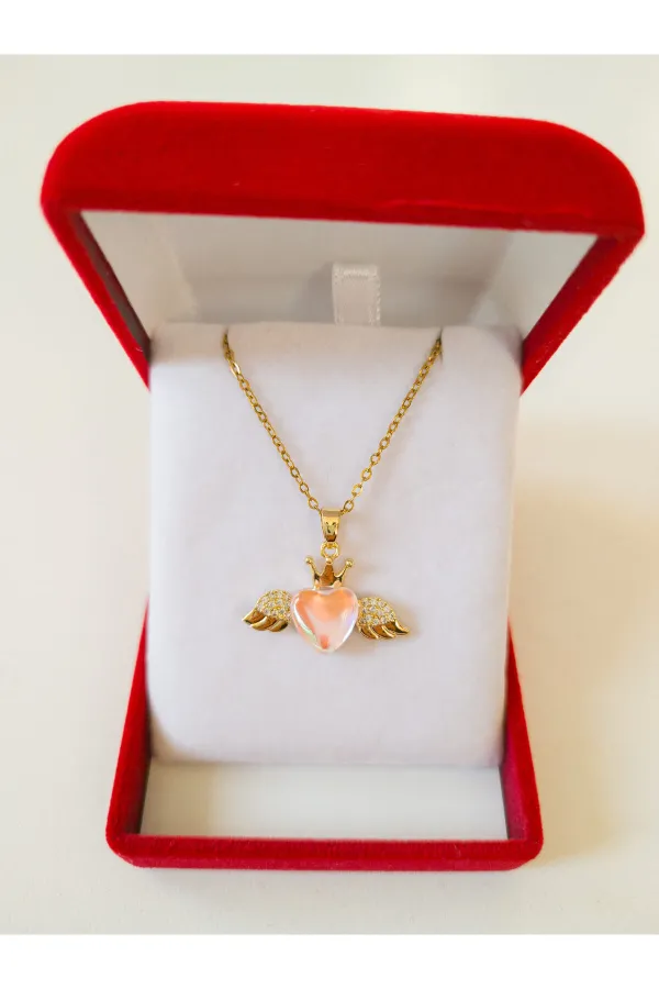 Lüx Kadife Kutuda | Kanatlı Pembe Kalp Kolye | 316l Çelik - Kararmaz | Hediye Kadın