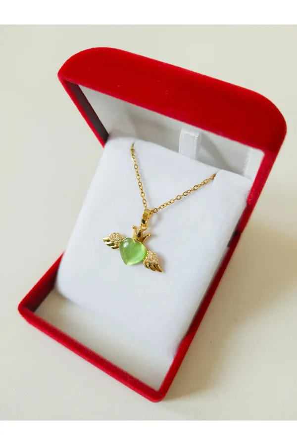 Lüx Kadife Kutuda | Kanatlı Yeşil Kalp Kolye | 316l Çelik - Kararmaz | Hediye Kadın