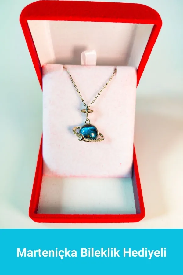 Lüx Kadife Kutuda Mavi Satürn Gümüş Gezegen Kolye | 316l Çelik - Kararmaz | Hediye Kadın