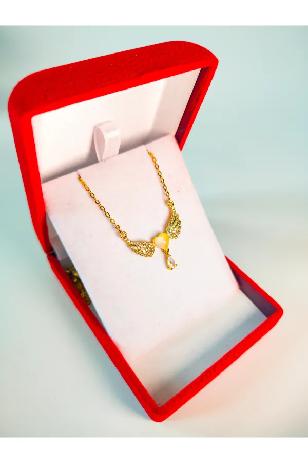 Lüx Kadife Kutuda | Melek Kanatlı Kalp Kolye | 316l Çelik - Kararmaz | Hediye Kadın