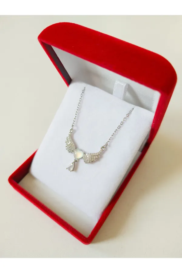 Lüx Kadife Kutuda | Melek Kanatlı Kalp Kolye Gümüş | 316l Çelik - Kararmaz | Hediye Paketi