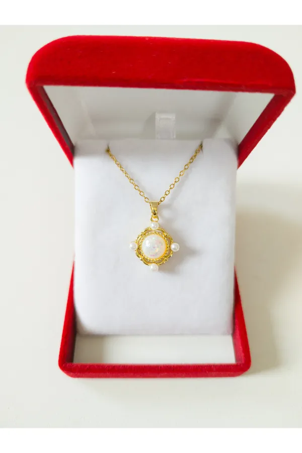 Lüx Kadife Kutuda | Opal Taşlı Hologram Uzay Kolye | 316l Çelik - Kararmaz | Hediye Kadın