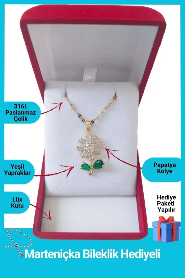 Lüx Kadife Kutuda | Papatya Kolye | 316l Çelik - Kararmaz | Hediye Kadın