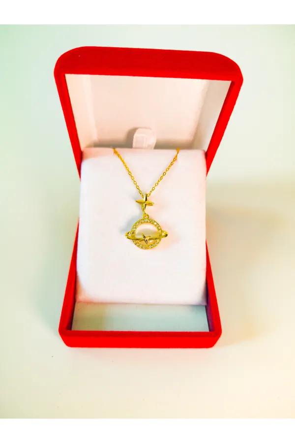 Lüx Kadife Kutuda Satürn Star Kolye Gold | 316l Çelik - Kararmaz | Hediye Kadın