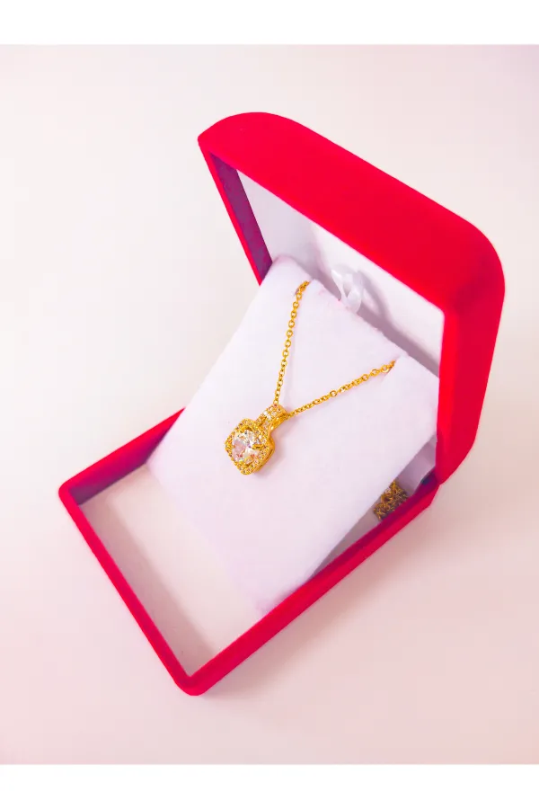 Lüx Kadife Kutuda Zirkon Taşlı Baget Kolye Gold | 316l Çelik - Kararmaz | Hediye Kadın