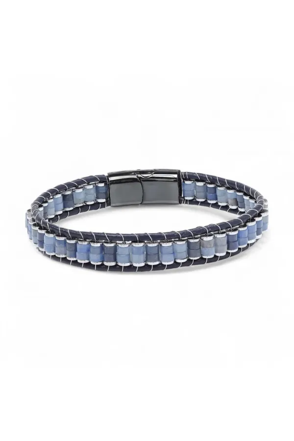 Mavi Aventurin Hematit Çelik Örgülü Deri Bileklik