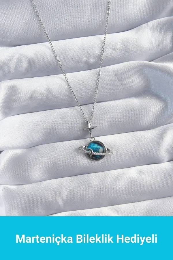 Mavi Satürn Gümüş Gezegen Kolye | 316l Çelik - Kararmaz | Hediye Kadın