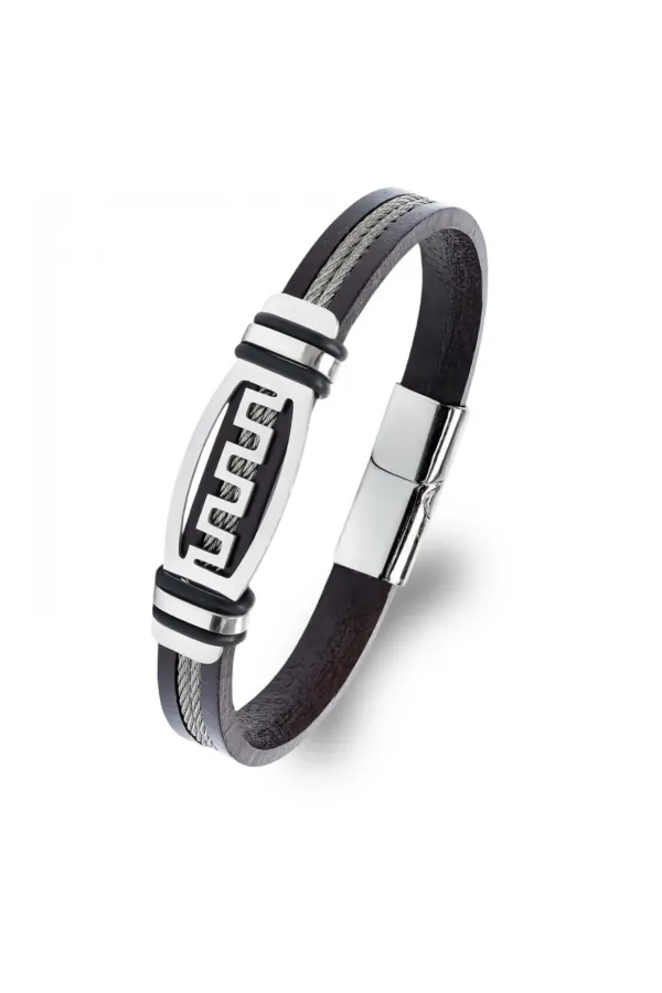 Meander Motifli Çelik Halatlı Deri Erkek Bileklik