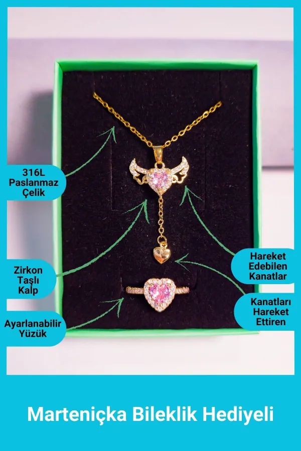 Melek Kanatlı Kolye Zirkon Taşlı Yüzük Set | 316l Çelik - Kararmaz | Hediye Kadın
