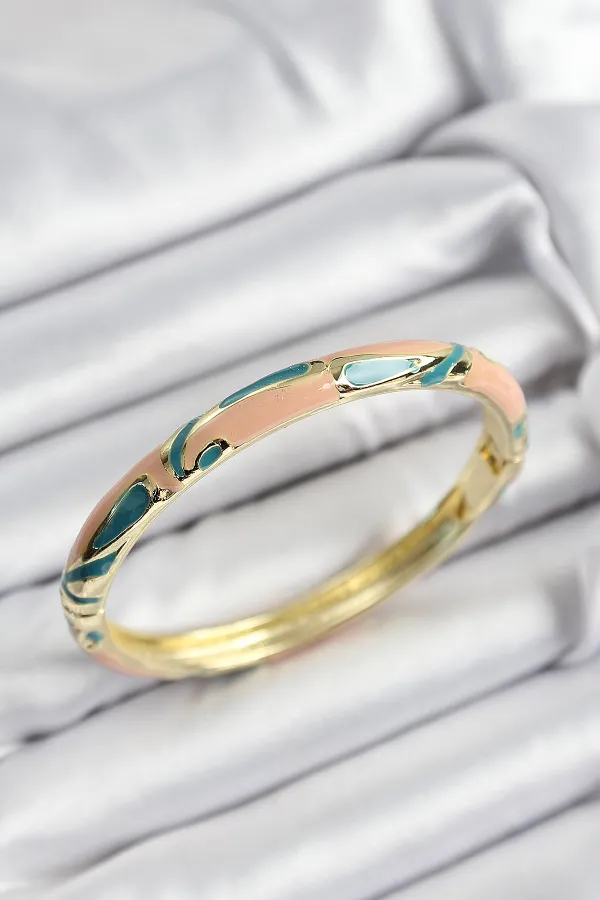 Mineli Pirinç Krem Ve Yeşil Mermer Motifli Gold Renk Kadın Kelepçe