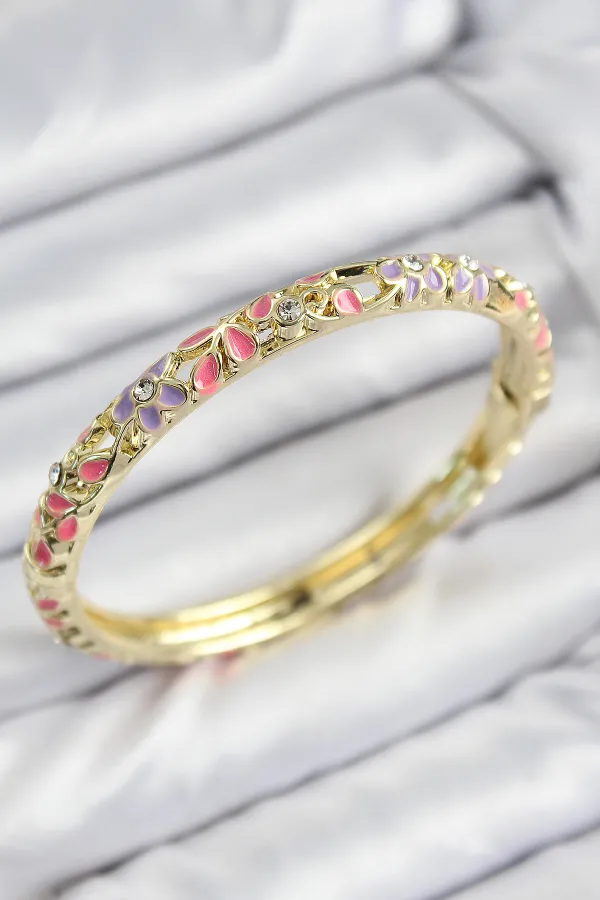 Mineli Pirinç Zirkon Taşlı Pembe Mor Çiçek Motifli Gold Kadın Kelepçe