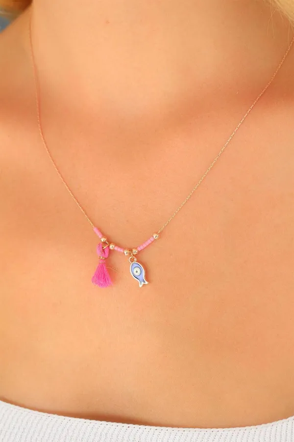 Nazar Boncuklu Pembe Renk Taşlı Rose Kolye