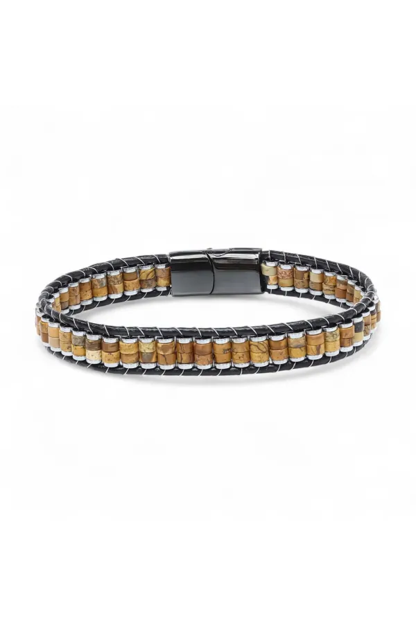 Odun Jasper Hematit Çelik Örgülü Deri Bileklik