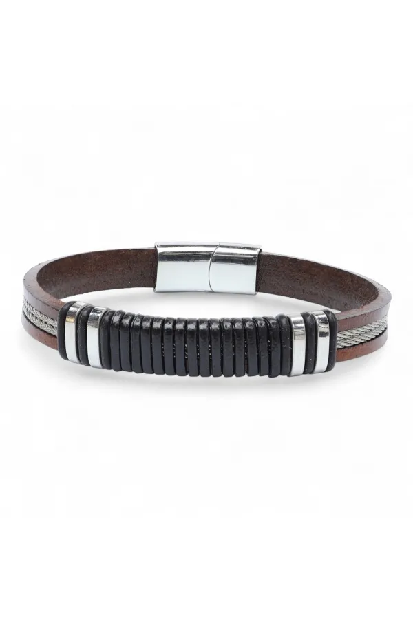 Orijinal Deri ve 316L Çelik Siyah-Kahverengi Erkek Bileklik | Yeni Yıl Hediyesi | Yılbaşı Hediyesi