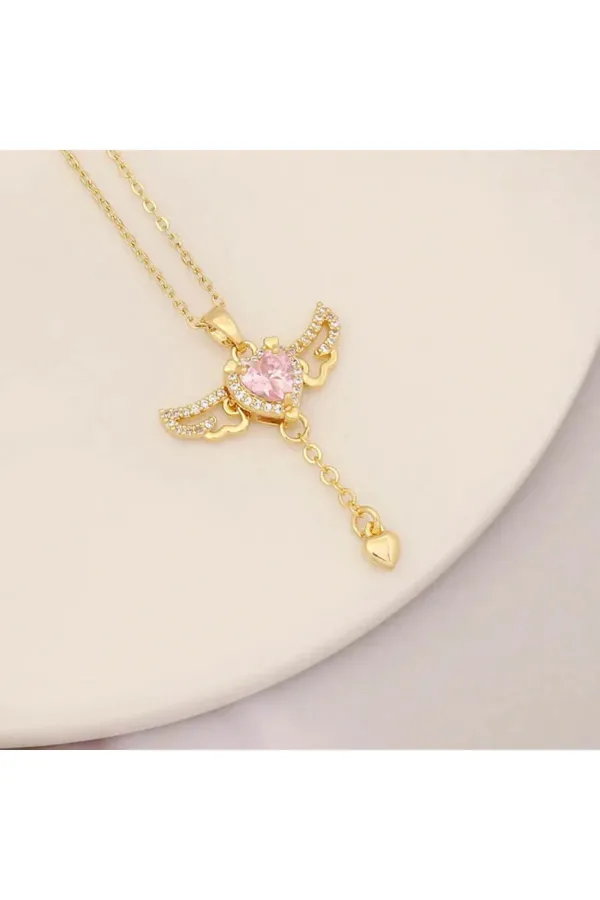 Pembe Zirkon Taşlı Melek Kanatlı Kalp Kolye | 316l Çelik - Kararmaz | Hediye Kadın