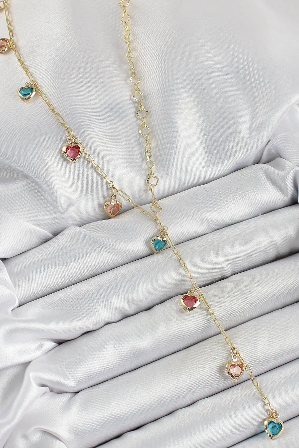 Pirinç Asorti Kalp Model Gold Renk Zirkon Taşlı Y Kolye