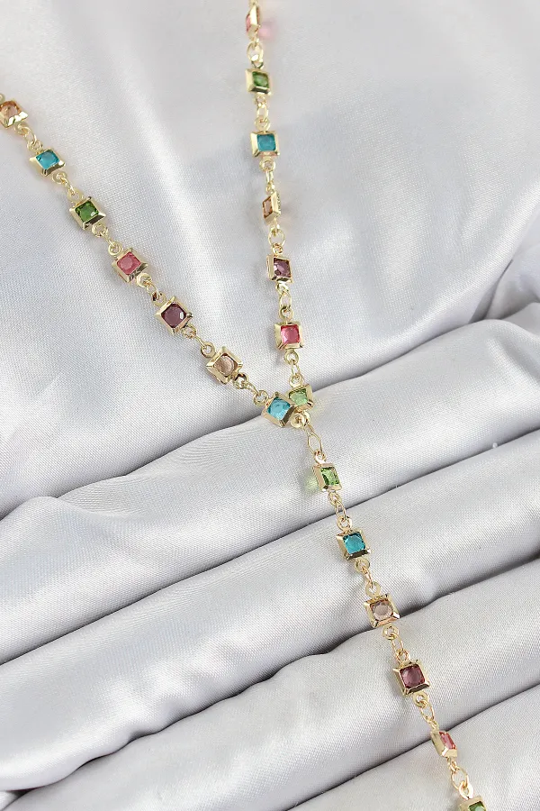 Pirinç Asorti Kare Model Gold Renk Zirkon Taşlı Y Kolye