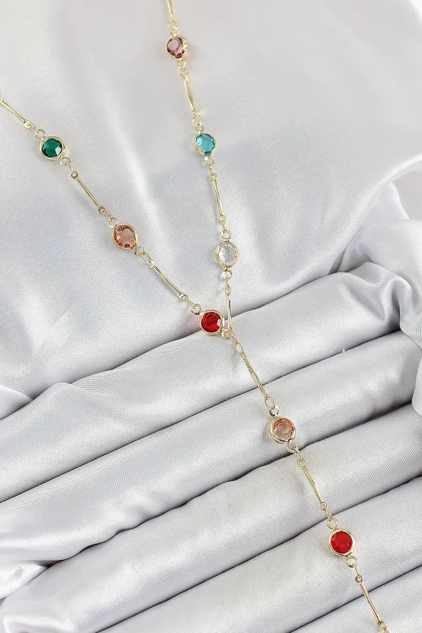 Pirinç Asorti Model Gold Renk Zirkon Taşlı Y Kolye