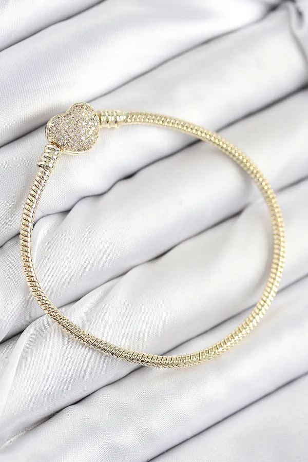 Pirinç Charm Zirkon Taşlı Kalp Model Gold Renk Kadın Bileklik
