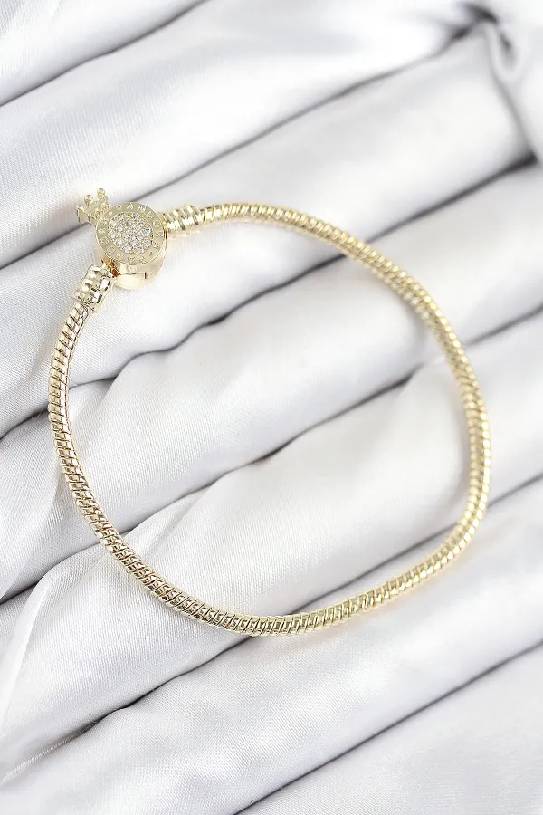 Pirinç Charm Zirkon Taşlı Taç Model Gold Renk Kadın Bileklik