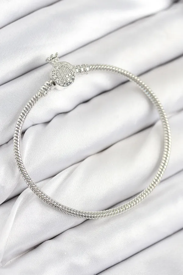 Pirinç Charm Zirkon Taşlı Taç Model Gümüş Renk Kadın Bileklik