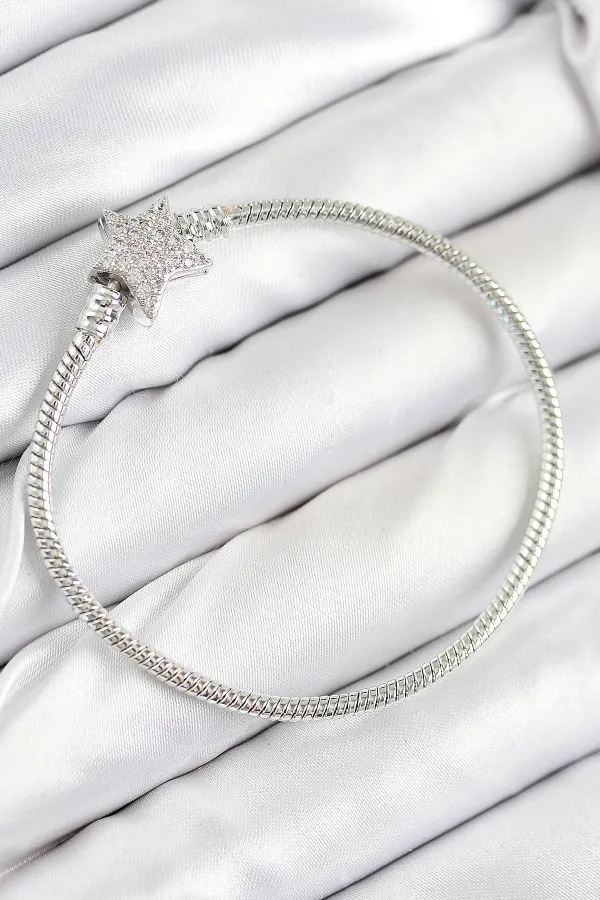 Pirinç Charm Zirkon Taşlı Yıldız Model Gümüş Renk Kadın Bileklik