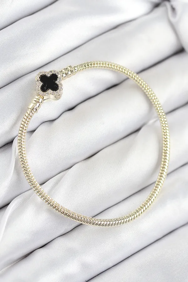 Pirinç Charm Zirkon Taşlı Yonca Model Gold Renk Kadın Bileklik