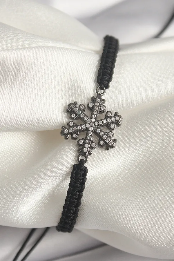 Pirinç Füme Renk Zirkon Taşlı Kar Tanesi Figür Makrome Asansörlü Model Kadın Bileklik