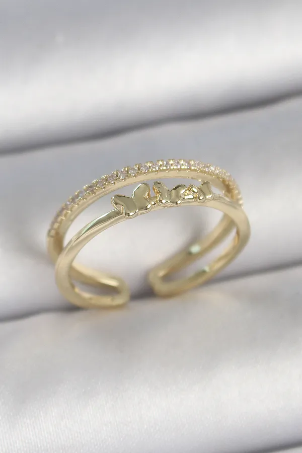 Pirinç Gold Renk 2'Li Sıra Zirkon Taş Detaylı Kelebek Figürlü Ayarlanabilir Model Kadın Yüzük