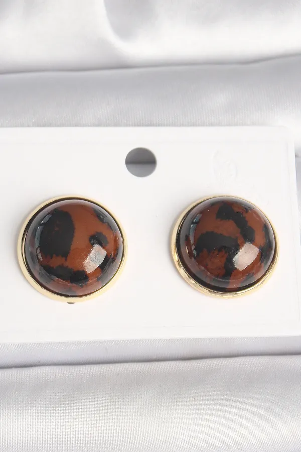 Pirinç Gold Renk 3D Daire Leopar Model Kadın Küpe