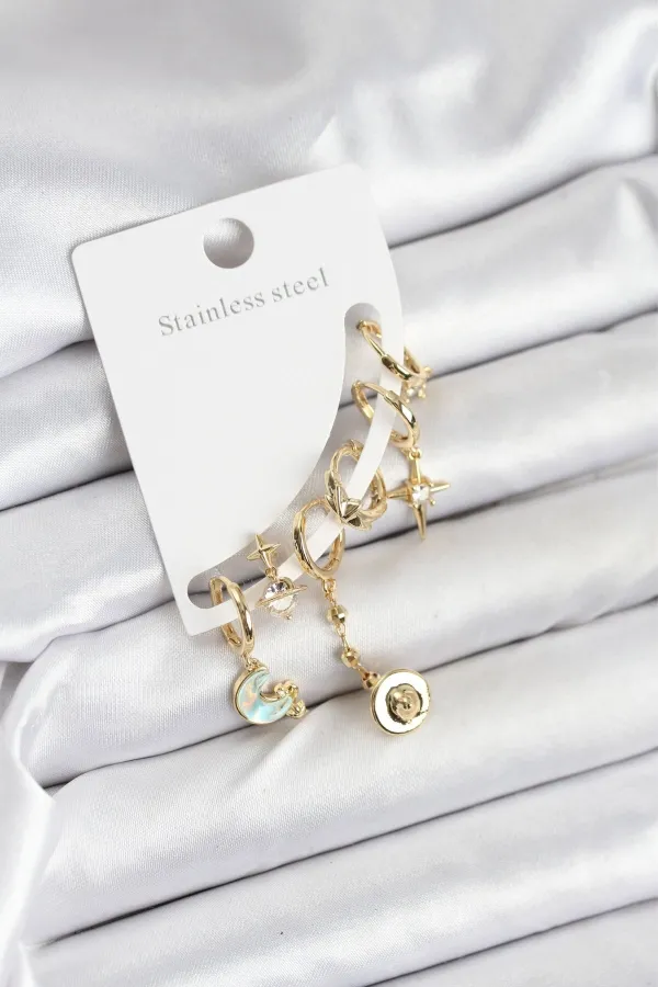 Pirinç Gold Renk Ay Model Kadın Set Küpe