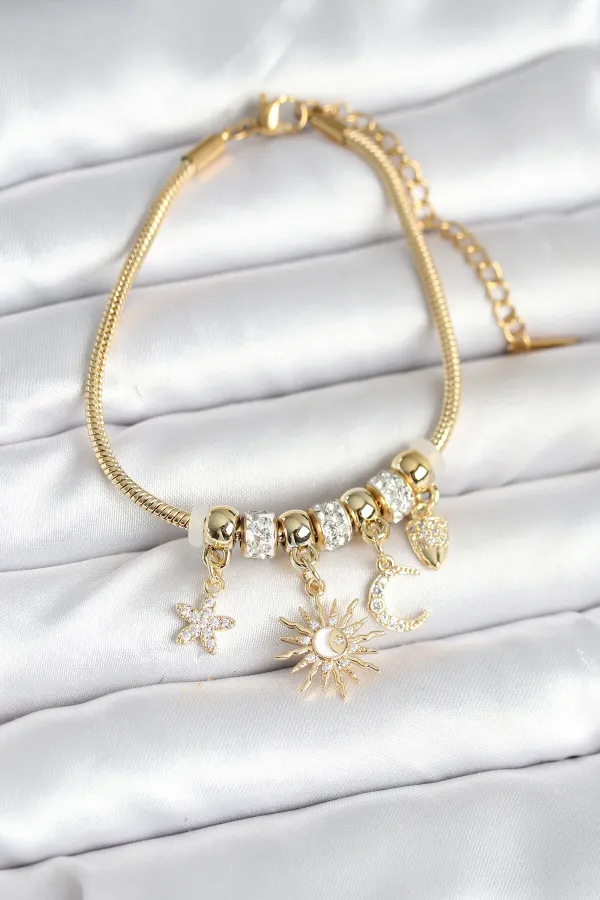 Pirinç Gold Renk Ay ve Güneş Charmlı Kadın Bileklik