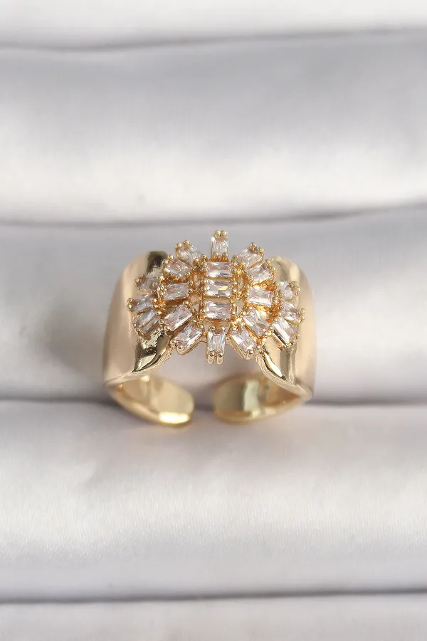 Pirinç Gold Renk Ayarlanabilir Baget Zirkon Taş Kadın Yüzük