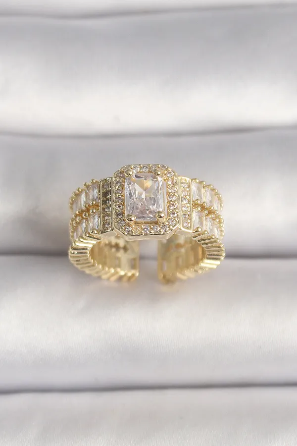 Pirinç Gold Renk Ayarlanabilir Baget Zirkon Taş Model Kadın Yüzük