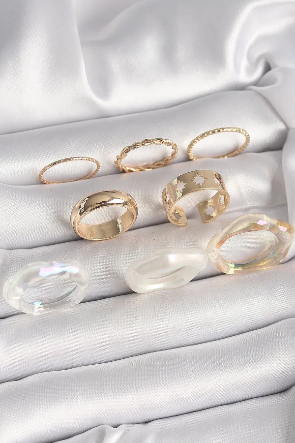 Pirinç Gold Renk Beyaz Akrilik Plastik Modek Kutup Yıldız İşleme Detay Kadın Yüzük Seti
