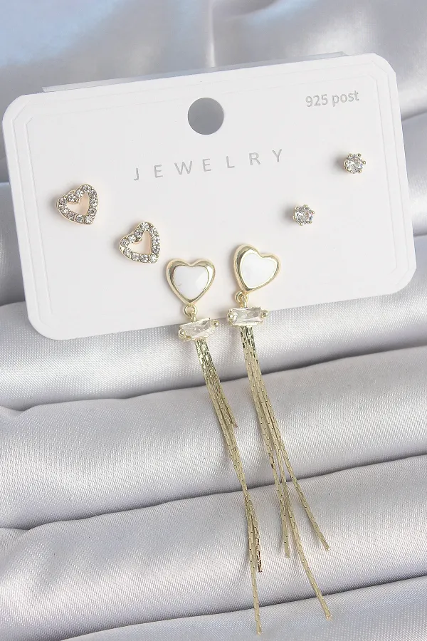 Pirinç Gold Renk Beyaz Mineli Sallantı Mineli Kalp Model Zirkon Taş Detaylı 925 Ayar Gümüş Çivi