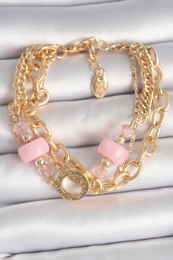 Pirinç Gold Renk Çoklu Pembe Taşlı Kadın Bileklik