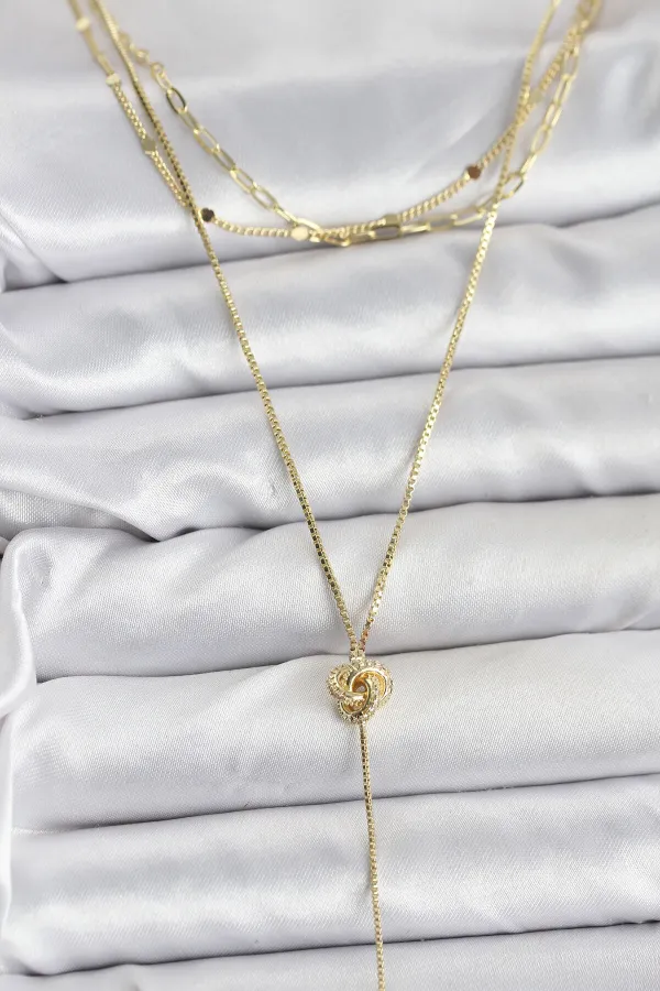 Pirinç Gold Renk Düğüm Model Detaylı 3'lü Kombin Y Kadın Kolye