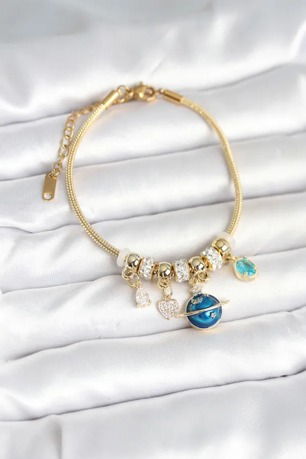 Pirinç Gold Renk Dünya Charmlı Kadın Bileklik