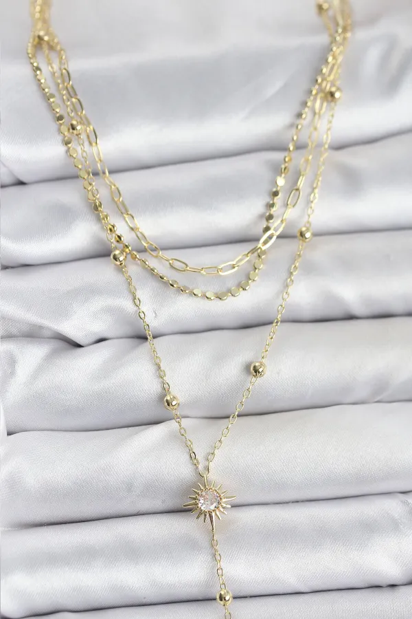 Pirinç Gold Renk Güneş Model Detaylı 3'lü Kombin Y Kadın Kolye