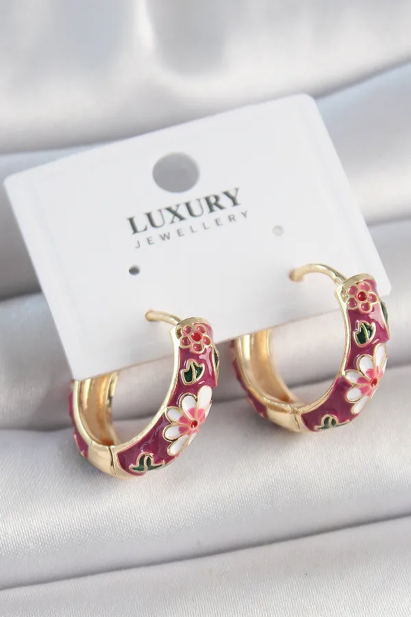 Pirinç Gold Renk Halka Mor Çiçek Mineli Kadın Küpe