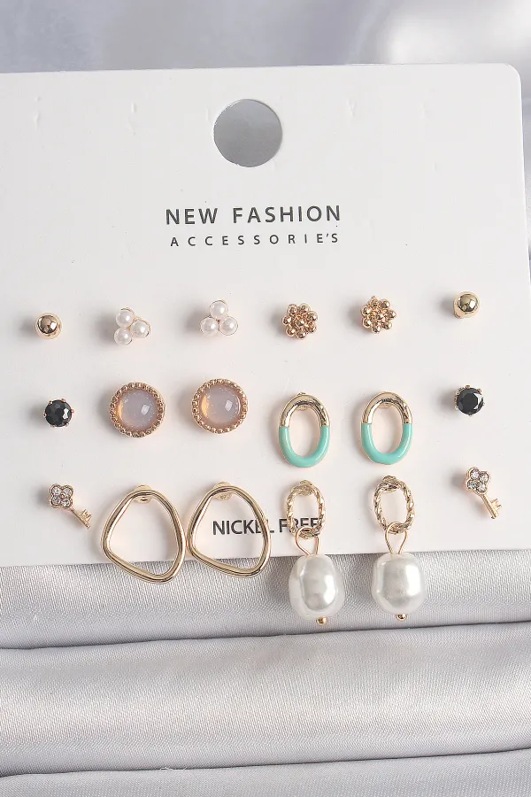 Pirinç Gold Renk İncili Halka Model 9 Çift Kadın Küpe Seti