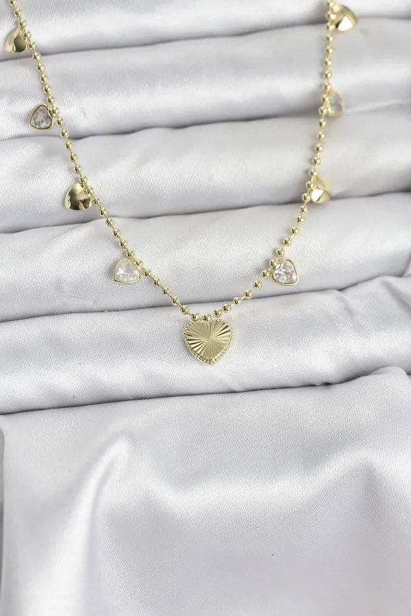 Pirinç Gold Renk Kalp Model Kadın Kolye