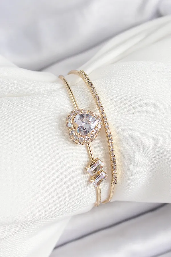 Pirinç Gold Renk Kalpli Zirkon Taşlı Kadın Bileklik