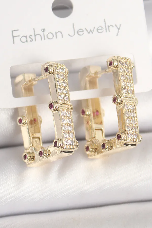 Pirinç Gold Renk Kare Zirkon Taşlı Kadın Küpe