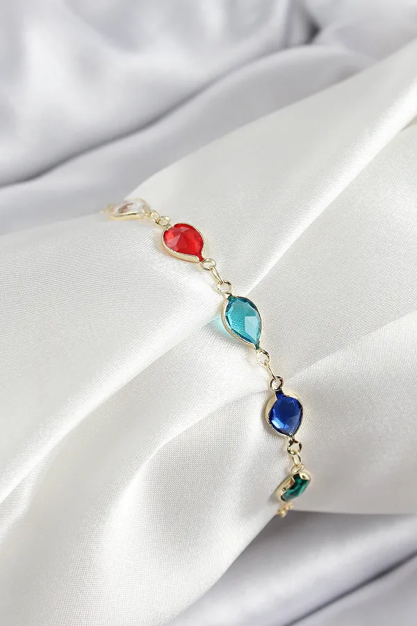 Pirinç Gold Renk Karışık Renk Damla Zirkon Taşlı Kadın Bileklik