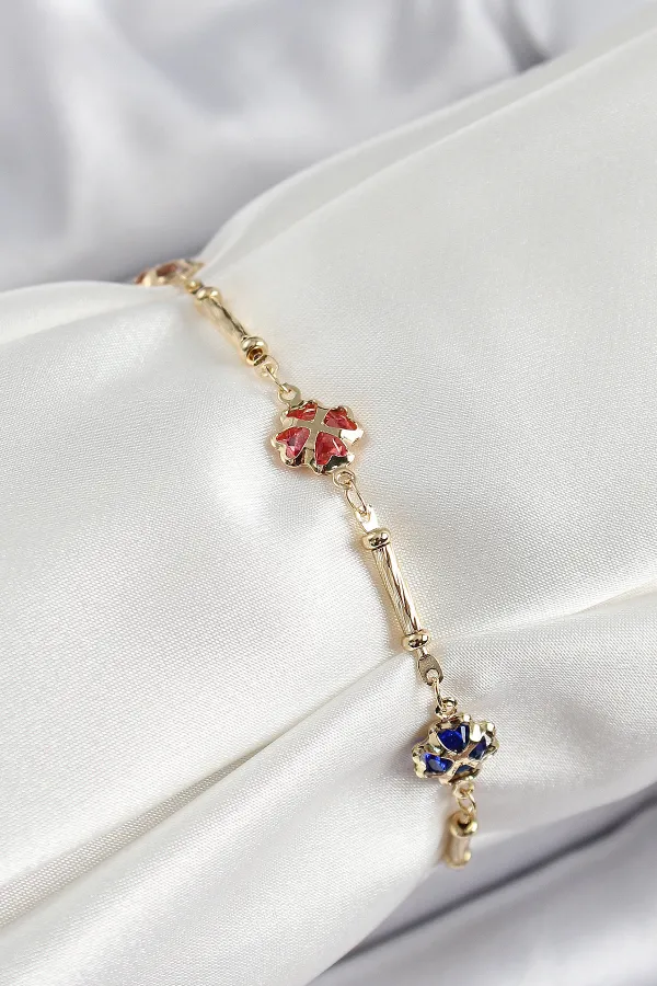 Pirinç Gold Renk Karışık Renk Yonca Zirkon Taşlı Kadın Bileklik